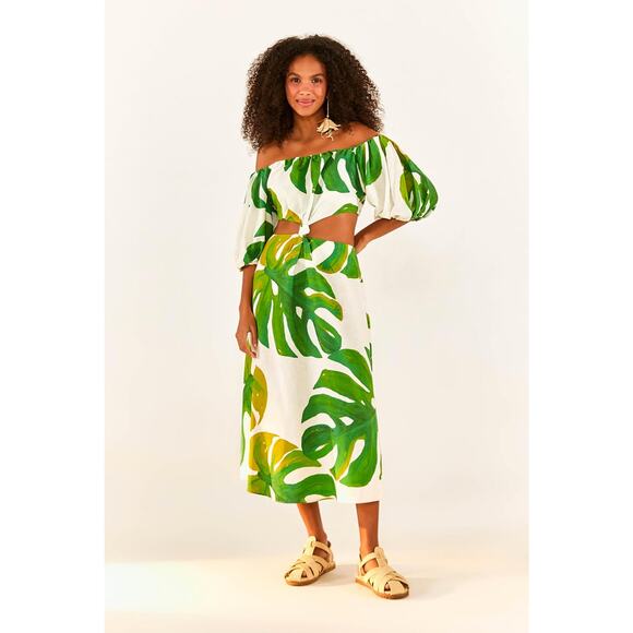 FARM Rio Dresses & Skirts - Farm Rio Monstera Leaf Knot Cutout Waist Linen Midi Dress SZ XL